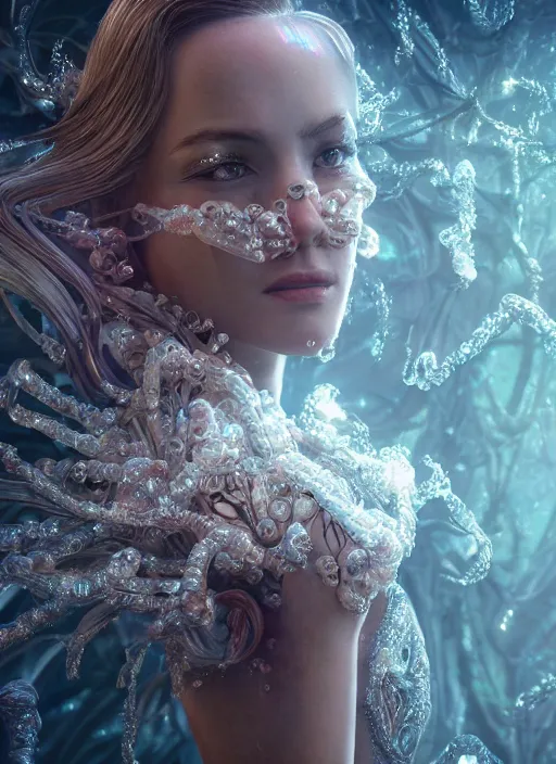 Prompt: beauteous practical sumptuous biomechanical with incredible iridescent pearlescent voluminous hair, crystalline masterpiece incrustations, hyperdetailed face, elegant pose, movie still, cinematic forest lighting, intricate accuracy, octane render, cgsociety, artgerm, unreal engine, crepuscular rays, god rays