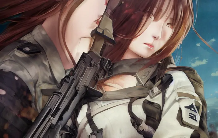 Image similar to soldier under heavy fire, infantry girl, anime style, long hair, hair down, symmetrical facial features, explosions, from girls frontline, hyper realistic, pale skin, rule of thirds, extreme detail, 4 k, detailed drawing, trending artstation, hd, trading card, by alphonse mucha, greg rutkowski, sharp focus, backlit