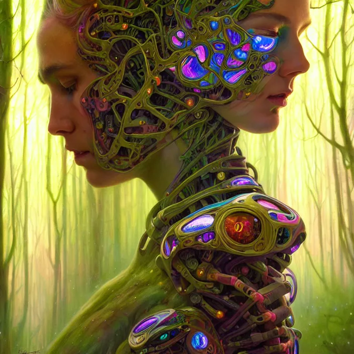 Prompt: bright psychedelic portrait of shy organic cyborg in an ancient forest, diffuse lighting, fantasy, intricate, elegant, highly detailed, lifelike, photorealistic, digital painting, artstation, illustration, concept art, smooth, sharp focus, art by John Collier and Albert Aublet and Krenz Cushart and Artem Demura and Alphonse Mucha