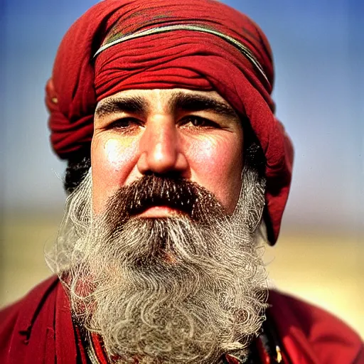 Image similar to portrait of president chester a arthur as afghan man, green eyes and red scarf looking intently, photograph by steve mccurry