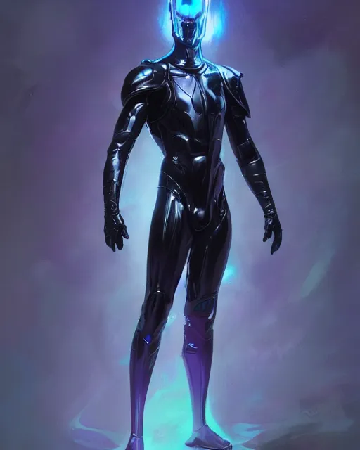 Image similar to character concept of iridescent sinewy smooth muscular male sleek glossy indigo black pearlescent scifi armor with smooth flowing black featureless helmet, by greg rutkowski, mark brookes, jim burns, tom bagshaw, magali villeneuve, trending on artstation