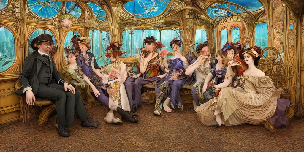 Image similar to incredibly beautiful breathtakingly detailed colour art nouveau photograph group portrait of an amazingly cool odd characterful couple sat down, in the inside of the beautiful underwater train to atlantis, every face amazingly clear detailed with lifelike expressions, full of crowd of people sat down wearing unusual clothes, by william powell frith and mucha, ultra wide angle, 4 k