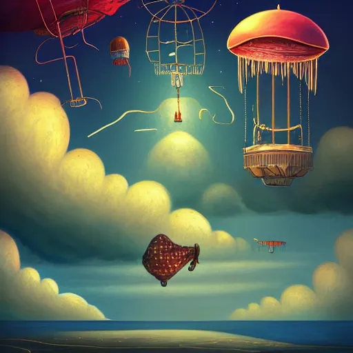 Image similar to Flying machine with jellyfish in the sky flying over desert and ocean, inspired by Cyril Rolando, David Wiesner, ornate, intricate, emitting light ornaments, trending on artstation, volumetric lighting, CGsociety, alizarin red, brick red, burgundy color, dull red, gray color, olive color, red and green, scarlet, shades of green, shades of red, swamp green, terracotta red