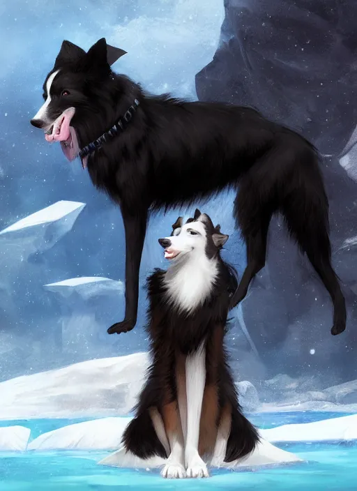 Image similar to beautiful wide angle full body portrait of a cute male anthropomorphic anthro border collie fursona wearing a swimsuit in antarctica, character design by charlie bowater, henry asencio, and ross tran, scenic background, detailed, glamor pose, aesthetic, furry, trending on artstation, furaffinity, deviantart