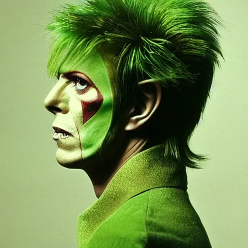Prompt: david bowie's strange career period in the 7 0 s posing dressed as an avocado, avocado bowie, the guacamole man concept album cover