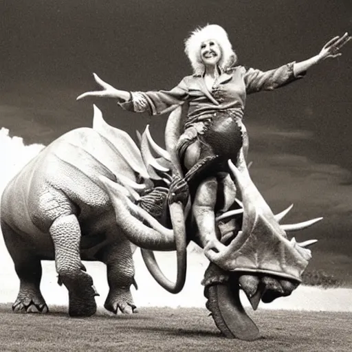 Image similar to mirtha legrand riding a triceratops