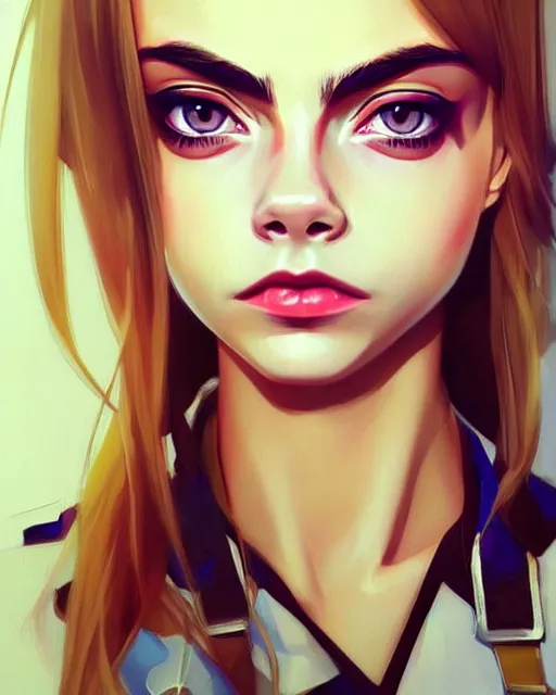 Image similar to portrait of Cara Delevingne as Anime girl cute-fine-face, full body! pretty face, realistic shaded Perfect face, fine details. Anime. realistic shaded lighting by Ilya Kuvshinov Giuseppe Dangelico Pino and Michael Garmash and Rob Rey