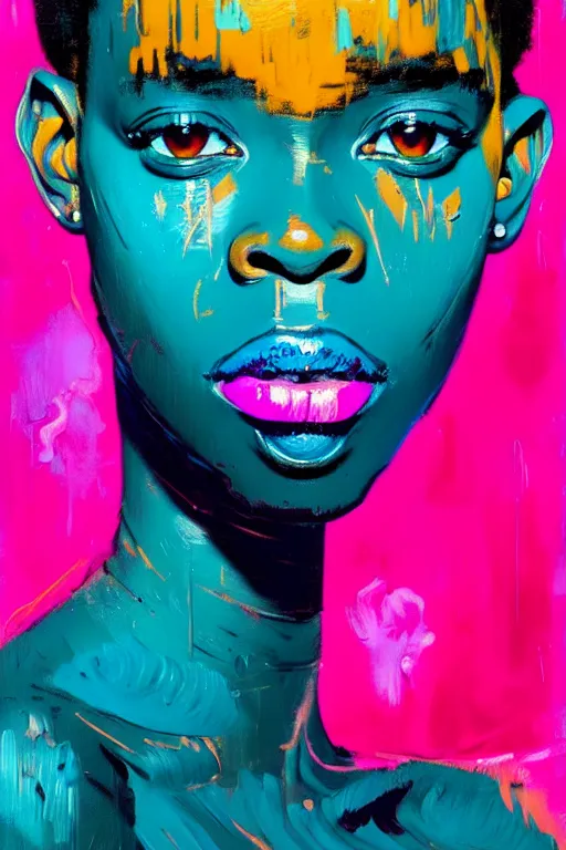 Image similar to portrait of a stylized african young lady, painted in acrylic, pigment textures, wet paint, in the colors hot pink and cyan, beautiful realistic face, rule of thirds, spotlight, by greg rutkowski, by jeremy mann, by francoise nielly, by van gogh, by ross tran, in focus