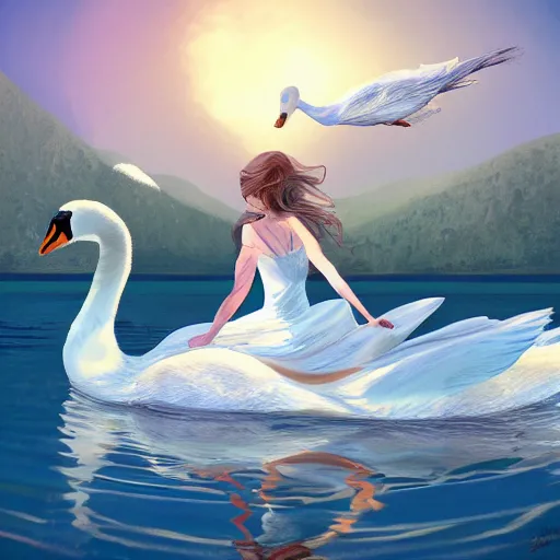 Image similar to a princess riding a giant swan in the lake, trending on artstation