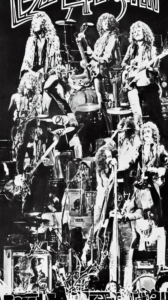 Image similar to Led Zeppelin concert poster circa 1974, Madison Square Garden, colorized, Robert plant, Jimmy Page, guitars, drum kit, minimalist