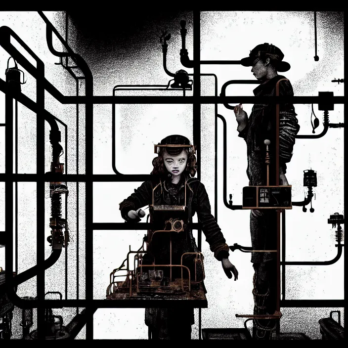 Image similar to sadie sink as a miner inside a minimalist steampunk automated kiosk room considers food options to choose from. black tiles on walls, bright foods displayed on a wall. wide angle lens. black and white, pencil and ink. scifi cyberpunk. by gabriel hardman, joe alves, chris bonura. cinematic atmosphere, detailed and intricate, perfect anatomy