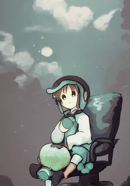 Image similar to beautiful little boy wearing sheep suit using a smartphone while sitting on chair, gray, blue, green and brown pallet color. made in abyss art style, inspired in kris from deltarrune, cute detailed artwork, anatomically correct, soft details, ilya kuvshinov, reflection, perfect composition, mobile wallpaper