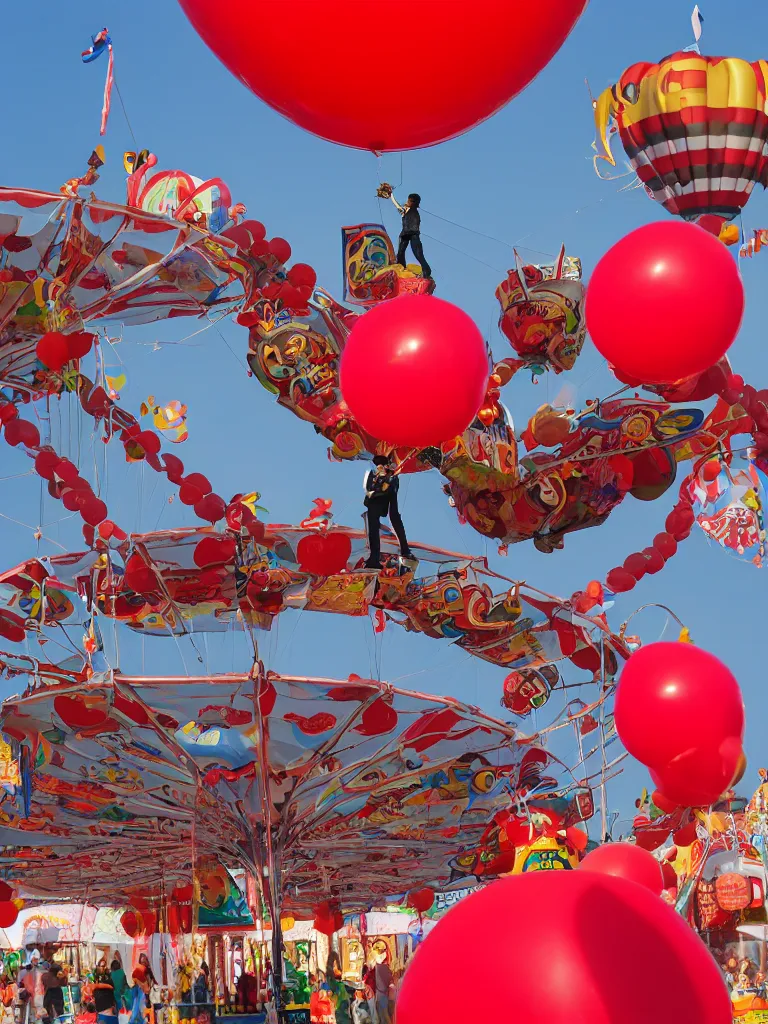 Image similar to balloon man with red balloons at the fair by disney concept artists, blunt borders, rule of thirds