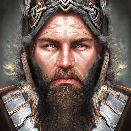 Prompt: Epic viking king, divine, symmetrical, D&D character art, portrait, digital painting, WLOP
