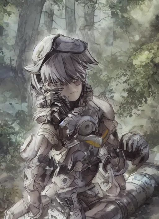 Image similar to beautiful little boy wearing an cyborg bear suit, artwork in kentaro miura and made in abyss and rosdraws, smooth, beautiful lightness, anatomically correct, trending on pixiv, forest