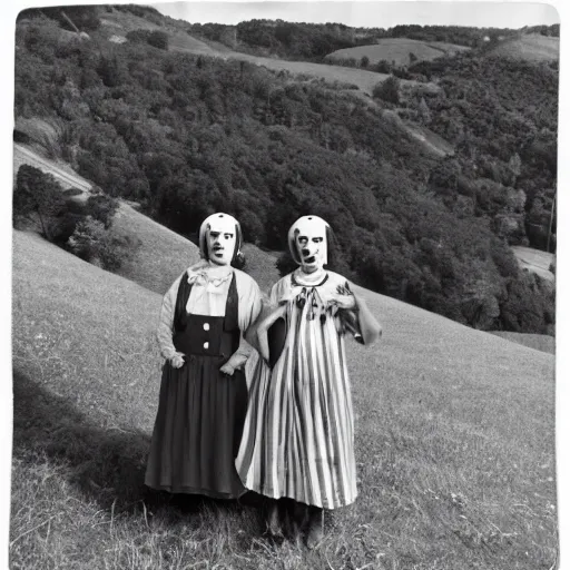 Prompt: two middle aged woman with inflatable heads on top of their heads, wearing dresses, in the hillside, 1976 French film, archival footage, technicolor film expired film live-action, 16mm