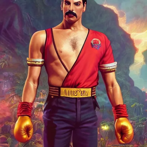 Image similar to freddy mercury as ken street fighter, ultra realistic, concept art, intricate details, highly detailed, photorealistic, octane render, 8 k, unreal engine, art by frank frazetta, simon bisley, brom