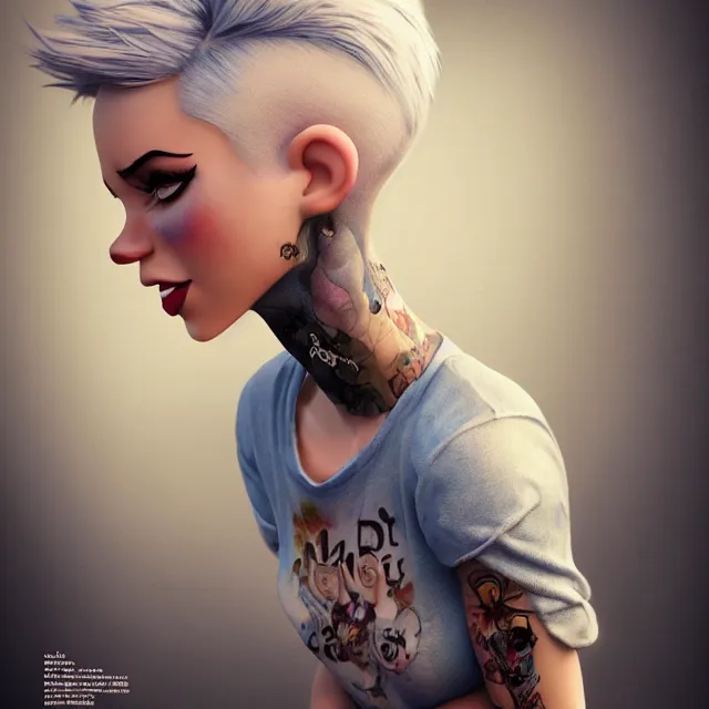 Image similar to full body pose, beautiful adult book fairy, pixar, short white hair shaved sides, dirty, grungy, grunge, long sleeve, painted overalls, stacks of giant books, highly detailed, 4 k, hdr, smooth, sharp focus, high resolution, award - winning photo, artgerm, photorealistic