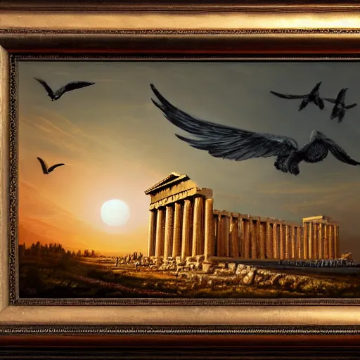 Image similar to the Parthenon with wings on its sides, flapping its wings flying in sunset sky, oil on canvas, intricate, 8k highly professionally detailed, HDR, CGsociety