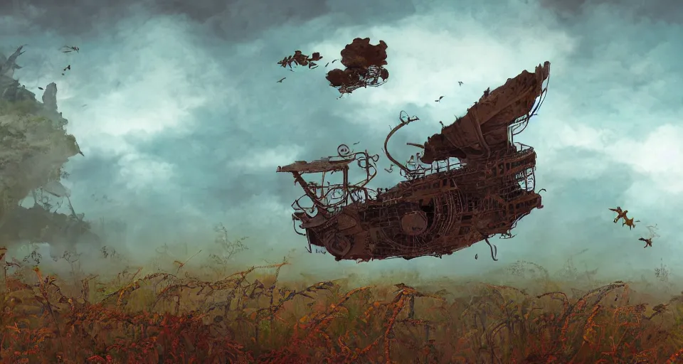 Image similar to rusty broken steampunk flying ship taken by ferns and vines, and birds, steppe, misty background, highly detailed, sharp focus, matte painting, by studio ghibli, by su jeong ahn, by giovani magana, by isaac levitan and asher brown durand,