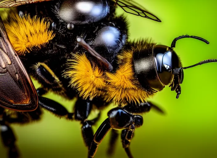 Image similar to super macro of a cyborg terminator bee drinking from a flower in the forest. fantasy horror cyberpunk style. highly detailed 8 k. intricate. nikon d 8 5 0 3 0 0 mm. award winning photography.