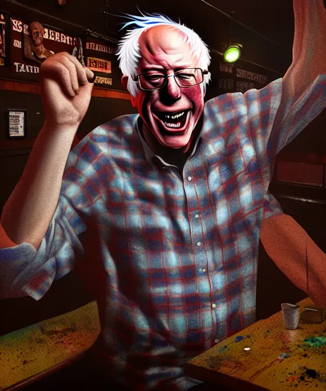 Image similar to hyperrealistic mixed media painting of Bernie Sanders as a laughing drunk, tattered plaid shirt, dimly lit dive bar, stunning 3d render inspired art by P. Craig Russell and Barry Windsor-Smith + perfect facial symmetry + dim volumetric lighting, 8k octane beautifully detailed render, post-processing, extremely hyperdetailed, intricate, epic composition, grim yet sparkling atmosphere, cinematic lighting + masterpiece, trending on artstation, very very detailed, masterpiece, stunning