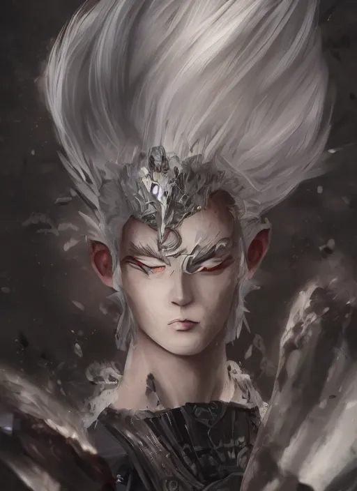 Image similar to a highly detailed illustration of fierce short white haired parted through the middle young attractive asian man, wearing hakama, with black sclera eyes, heroically battle posing, intricate, elegant, highly detailed, centered, digital painting, artstation, concept art, smooth, sharp focus, league of legends concept art, WLOP