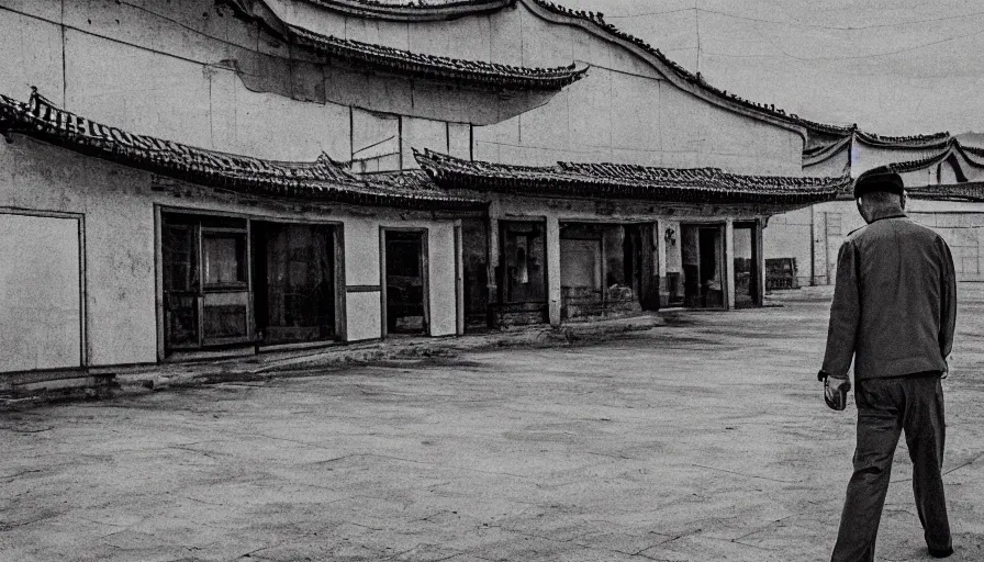 Image similar to pov a man walking in empty north-korean restaurant palace with propaganda fresco, iphone, heavy grain, high quality, higly detailed