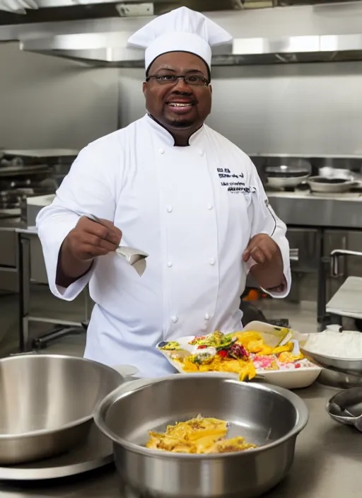 Image similar to portrait photo still of real life school chef jerome mcelroy fat with chef hat in school cafeteria holding a ladel, 8 k, 8 5 mm, f. 1 4