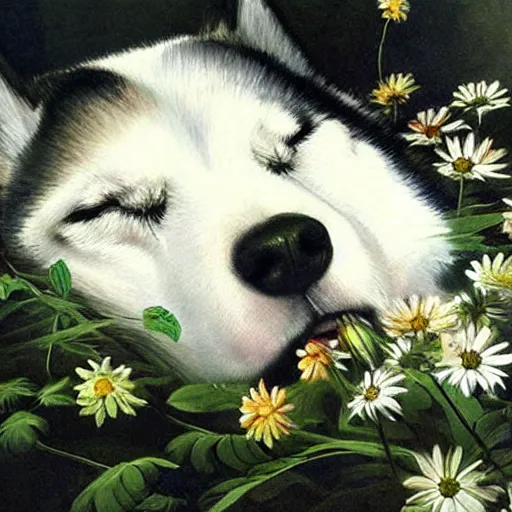 Prompt: beautiful painting of a cute husky sleeping in flowers. sci fi concept art by * caravaggio *