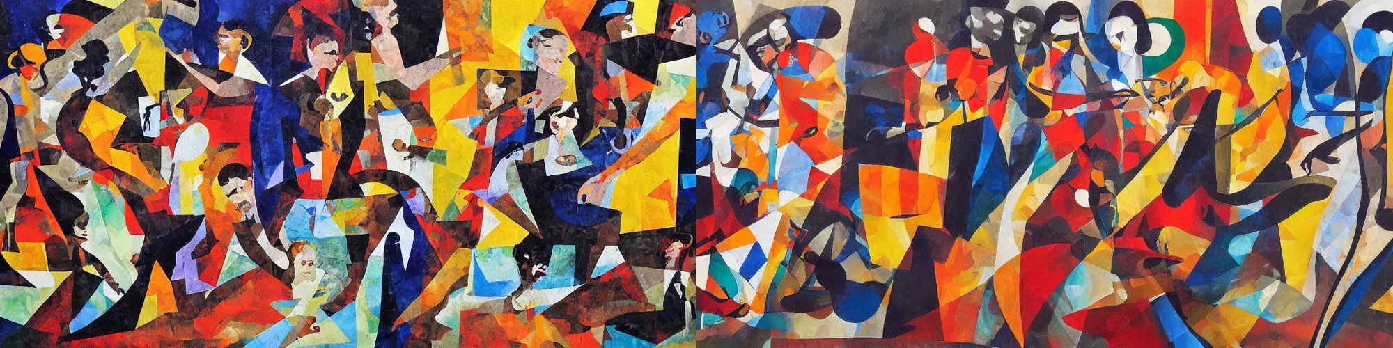 Prompt: jazzmen's, collage, smooth acrylic on canvas, expressionism movement, breathtaking detailed, by blake neubert