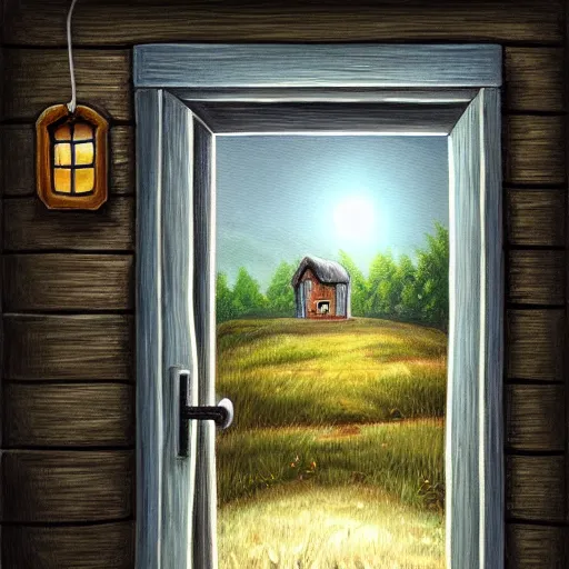 Image similar to a painting of a notepad that is also a door to a cottage in the woods, trending on artstation, detailed digital art, aesthetic!!!!,