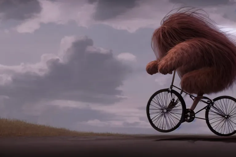 Image similar to a large, long haired monster rides a tiny bicycle, cinematic lighting, highly detailed