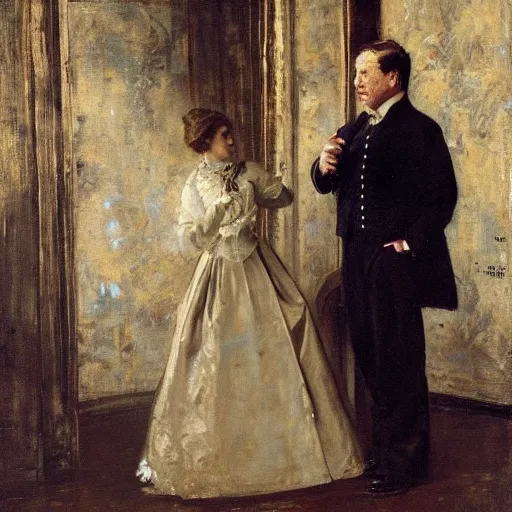 Image similar to young lady in ball gown and young worker in an old suit talking by alfred stevens