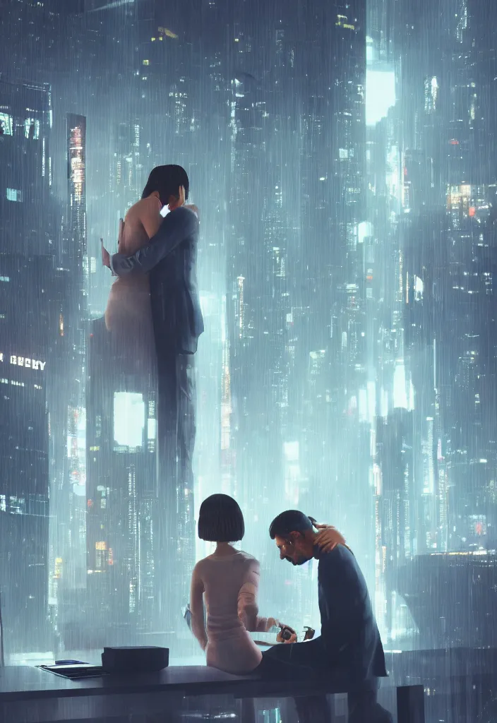 Prompt: she hug her husband that is sitting at his futuristic desk, lovely couple, blade runner style, hyper-realistic, octane render, realistic, real, sad, a couple consoling one another, strong woman, sad men, cinematic, 8k, very intricate, futuristic city behind the window, night