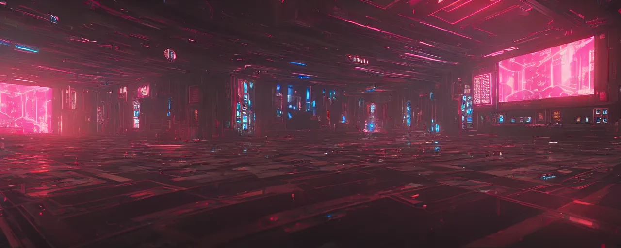 Image similar to an cyberpunk temple made of tv screens, glowing displays, octane render, unreal engine, 8 k, cinematic, artwork by ilya kuvshinov