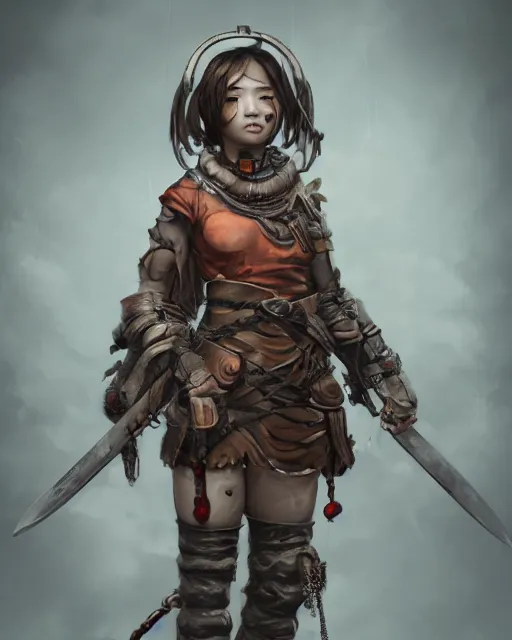 Image similar to hyper realistic portrait of postapocalyptic asian death cult monk girl sword and shield, beads, gears, machineparts, cinematic, artstation, cgsociety, pascal blanche