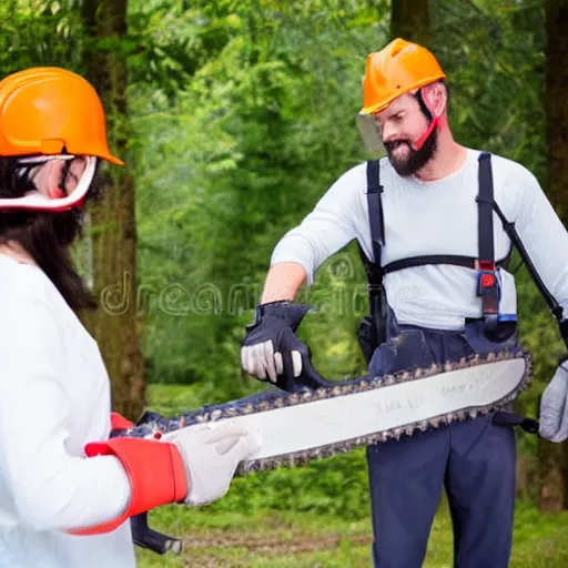 Prompt: reflexologjst approaches patient, wielding a chainsaw, stock photo, creepy grin