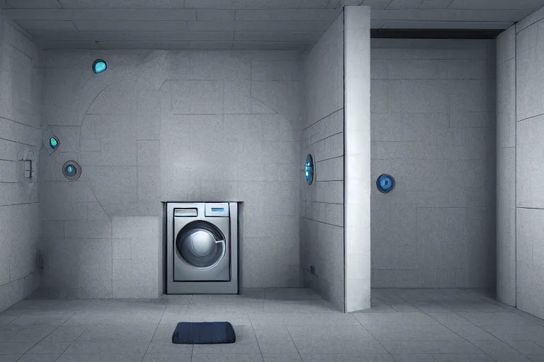 Prompt: washing machine, bathroom, portal to another dimension, warm lightning, highly detailed digital art, 4 k, rtx, 3 d render