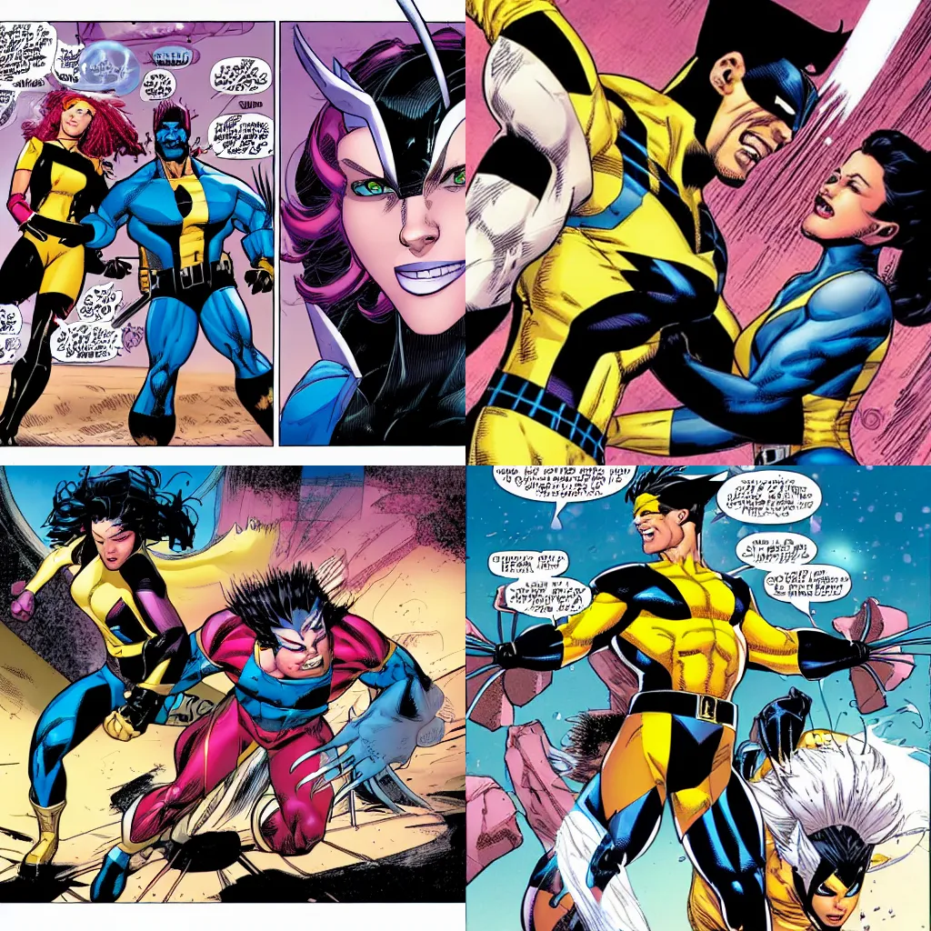 Prompt: Uncanny X-Men comic book panel containing Wolverine and Jubilee, illustrated by Jim Lee