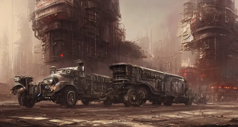 Image similar to a highly detailed epic cinematic concept art CG render digital painting artwork scene: retrofuturistic 1920s cyberpunk steampunk soviet truck inspired by a locomotive emitting smoke. By Greg Rutkowski, Ilya Kuvshinov, WLOP, Stanley Artgerm Lau, Ruan Jia and Fenghua Zhong, trending on ArtStation, made in Maya, Blender and Photoshop, octane render, excellent composition, cinematic dystopian brutalist atmosphere, dynamic dramatic cinematic lighting, aesthetic, very inspirational, arthouse