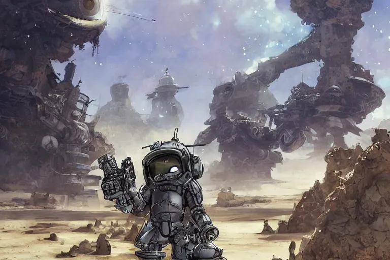 Image similar to anthropomorphic rodent with white and black ancestral ornate japanese tactical gear on an abandonment desert planet, high intricate details, long shot, rule of thirds, golden ratio, graphic novel by fiona staples and dustin nguyen, by beaststars and orange, peter elson, alan bean, studio ghibli, makoto shinkai