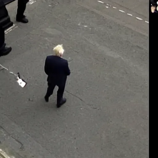 Image similar to Birds eye view security camera footage of Boris johnson breaking out of Prison