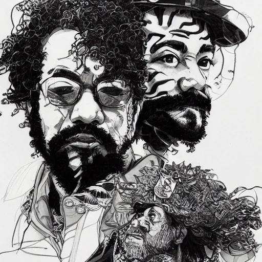 Image similar to portrait of cheech and chong, concept art, sumi - e style, intricate linework, artstation, trending, highly detailed, smooth, focus, art by yoji shinkawa,