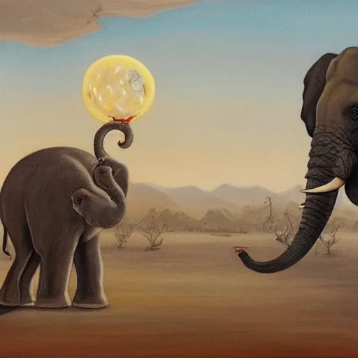 Image similar to A painting of a lonely creature with an elephant body and a crocodile's tail
