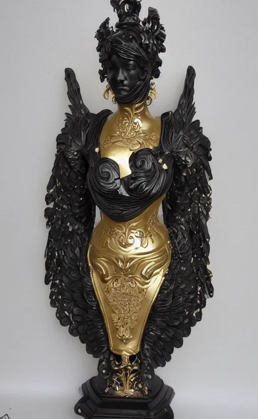 Image similar to carved black marble mechanical bust wearing hard surface armour, subtle gold accents, frontal view, ivory rococo, wings lace wear, hyper detailed, insane details, intricate