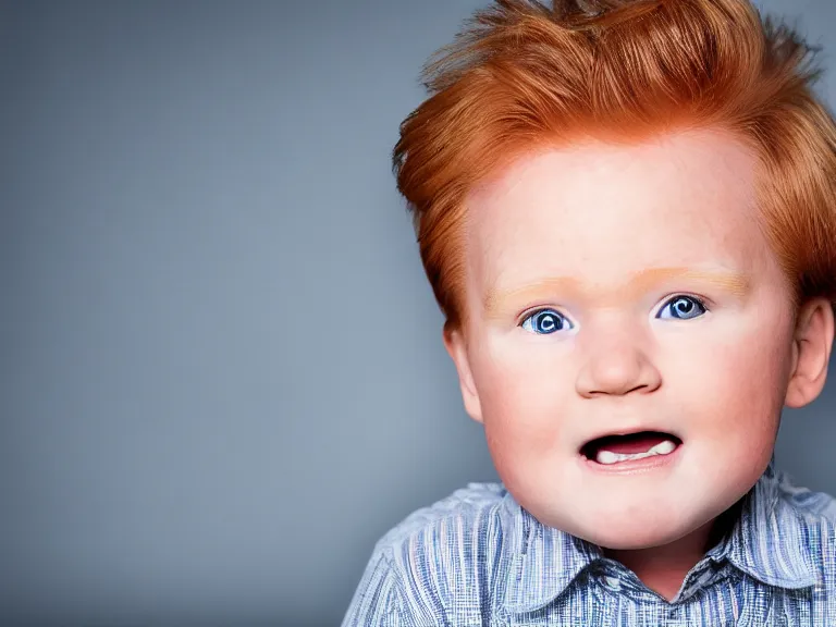 Image similar to close - up portrait of conan o'brien baby lookalike, studio photography, high resolution