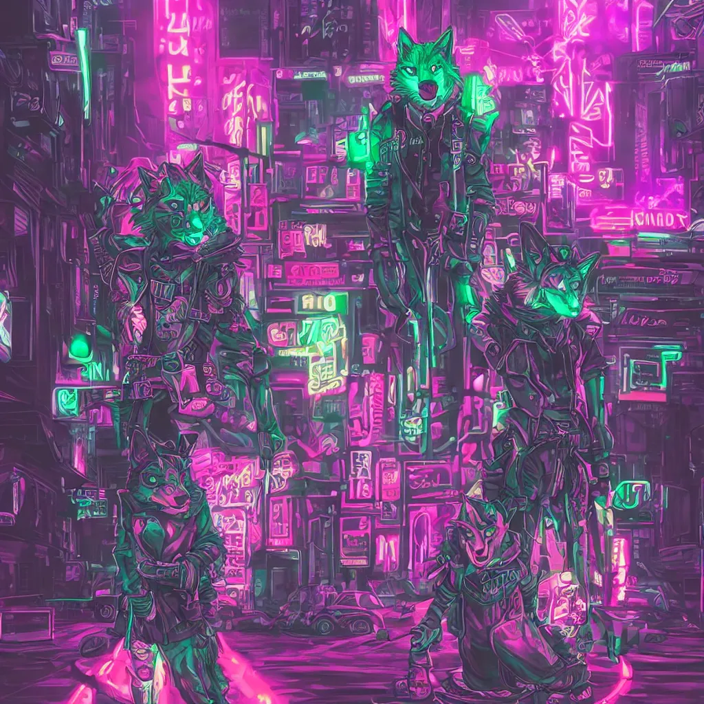 Image similar to beautiful furry art portrait commission of a androgynous furry anthro wolf fursona both wearing punk clothes in the streets of a cyberpunk city. neon signs.