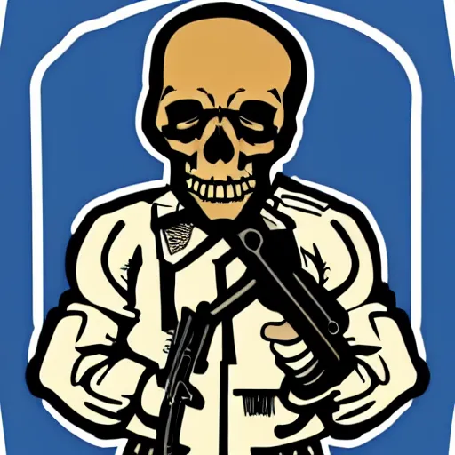 Image similar to a sticker illustration of a man with a skull head hold a gun