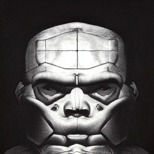 Prompt: doomguy portrait by goya and escher and hogarth, illusion surreal art, highly conceptual figurative art, intricate detailed illustration, controversial poster art, polish poster art, geometrical drawings, no blur